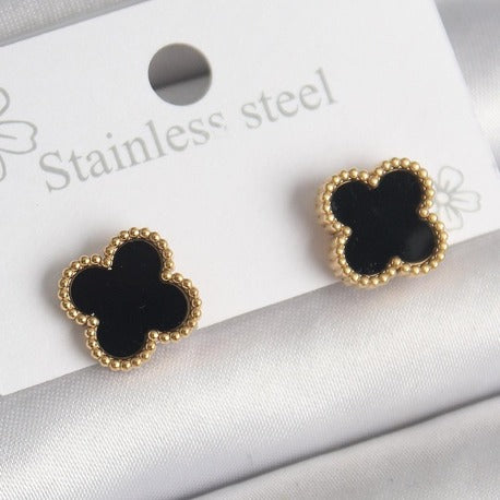 316L Çelik Gold Renk Siyah Yonca Model Kadın Küpe