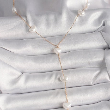 Pirinç Gold Renk İncili Kalp Zincir Kadın Kolye