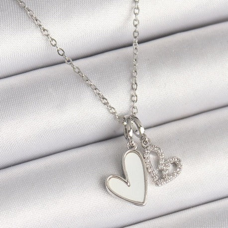 316L Çelik Gümüş Renk Zincir 2'li Sallantı Zirkon Taşlı Kalp Model Kadın Kolye