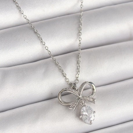 316L Çelik Gümüş Renk Zincir Zirkon Taşlı Kurdele Model Kadın Kolye