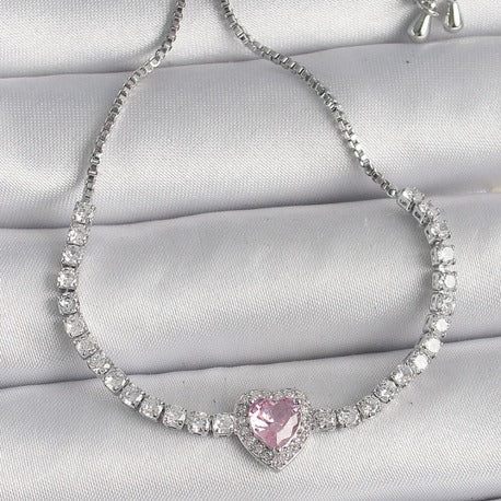 Pirinç Gold Renk Su Yolu Zirkon Taşlı Pembe Zirkon Taşlı Kalp Asansör Model Charm Bileklik