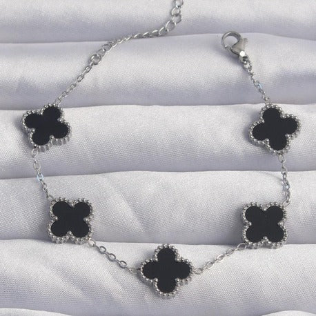 316L Çelik Gümüş Renk Siyah Mineli Yonca Bileklik